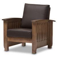 Baxton Studio SW3513-Dark Brown/Walnut-M17-CC Charlotte Modern Classic Mission Style Walnut Brown Wood and Dark Brown Faux Leather 1-Seater Lounge Chair